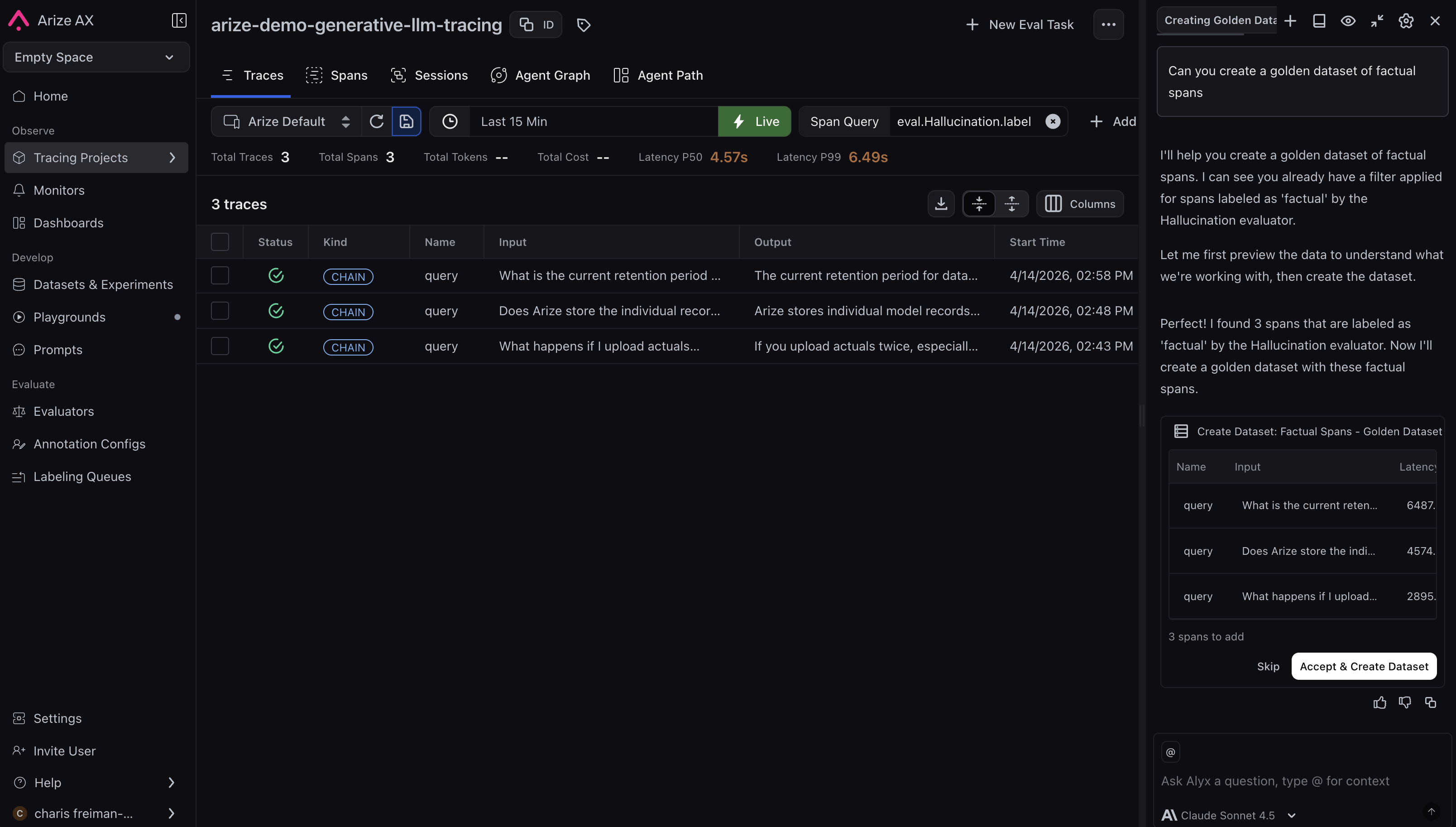 Tracing view with span filter applied and Alyx sidebar offering to create a golden dataset from factual spans, with preview table and Accept and Create Dataset action